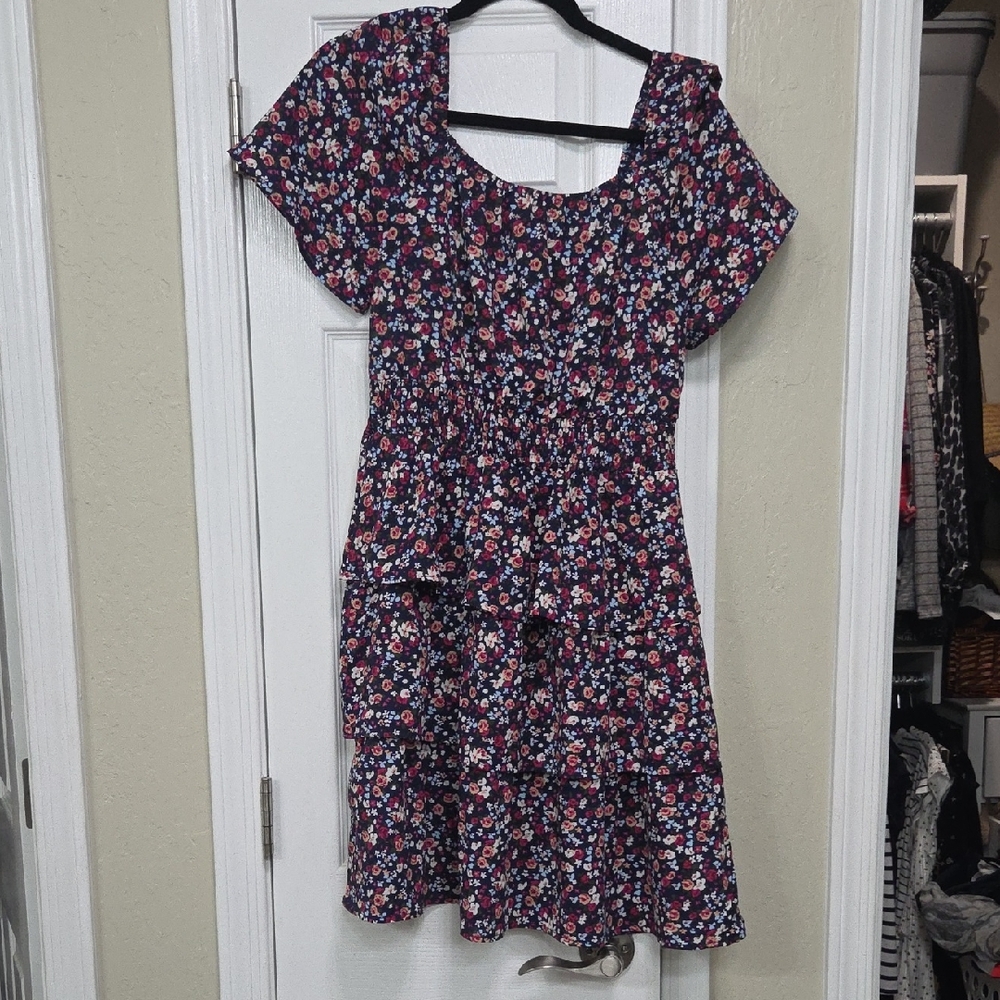 Floral Navy Short Sleeve Tiered Summer Dress